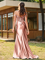 Trumpet/Mermaid Lace Appliqued Ruched Dress with Slit Dusty Rose