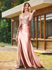 Trumpet/Mermaid Lace Appliqued Ruched Dress with Slit Dusty Rose
