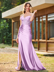 Trumpet/Mermaid Lace Appliqued Ruched Dress with Slit Lilac