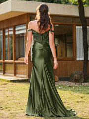 Trumpet/Mermaid Lace Appliqued Ruched Dress with Slit Olive Green