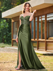 Trumpet/Mermaid Lace Appliqued Ruched Dress with Slit Olive Green