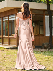 Trumpet/Mermaid Lace Appliqued Ruched Dress with Slit Pearl Pink