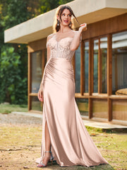 Trumpet/Mermaid Lace Appliqued Ruched Dress with Slit Pearl Pink