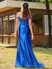 Trumpet/Mermaid Lace Appliqued Ruched Dress with Slit Royal Blue