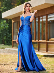 Trumpet/Mermaid Lace Appliqued Ruched Dress with Slit Royal Blue