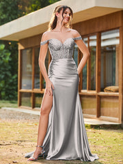 Trumpet/Mermaid Lace Appliqued Ruched Dress with Slit Silver