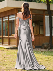Trumpet/Mermaid Lace Appliqued Ruched Dress with Slit Silver