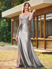 Trumpet/Mermaid Lace Appliqued Ruched Dress with Slit Silver