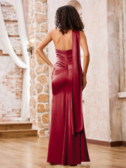 Halter Sheath Elegant Maxi Dresses with Slit Burgundy