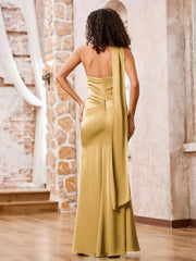 Halter Sheath Elegant Maxi Dresses with Slit Gold