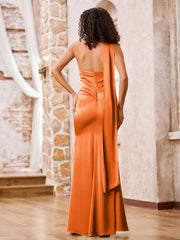 Halter Sheath Elegant Maxi Dresses with Slit Orange