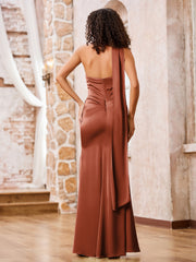 Halter Sheath Elegant Maxi Dresses with Slit Rust