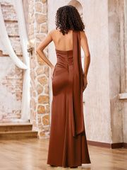 Halter Sheath Elegant Maxi Dresses with Slit Terracotta