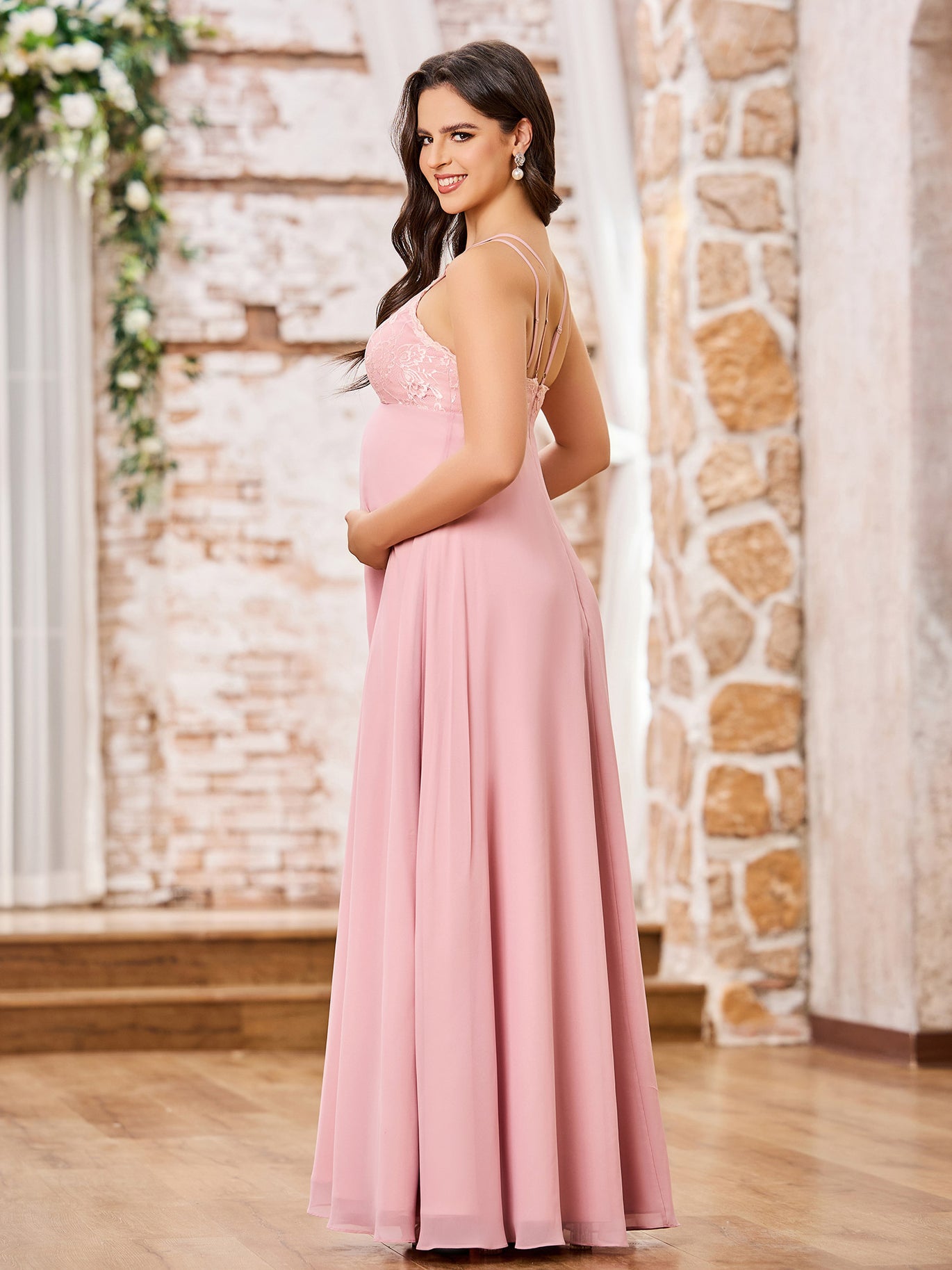 BABARONI Bateau Neck Lace Top Chiffon Skirt Long Maternity Dresses Taupe, Taupe / US0 BABARONI Bateau Neck Lace Top Chiffon Skirt Long Maternity Dresses Taupe, Taupe / US0