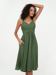 Chiffon Empire Short Dresses with Pockets-Olive Green