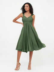 Chiffon Empire Short Dresses with Pockets-Olive Green Plus Size