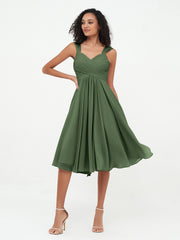 Chiffon Empire Short Dresses with Pockets-Olive Green