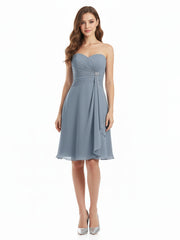 Knee Length Chiffon Dress with Sweetheart Neck-Dusty Blue