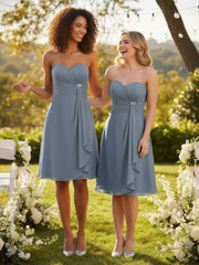 Knee Length Chiffon Dress with Sweetheart Neck-Dusty Blue