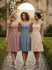 Knee Length Chiffon Dress with Sweetheart Neck-Dusty Blue