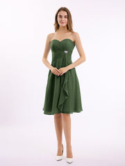 Knee Length Chiffon Dress with Sweetheart Neck-Olive Green