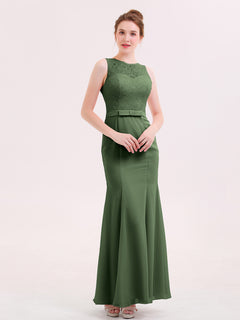 Illusion Neck Mermaid Dress with Open Back-Olive Green