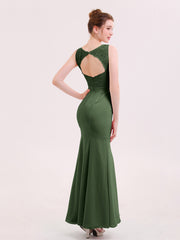 Illusion Neck Mermaid Dress with Open Back-Olive Green