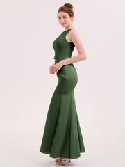 Illusion Neck Mermaid Dress with Open Back-Olive Green Plus Size