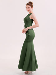 Illusion Neck Mermaid Dress with Open Back-Olive Green