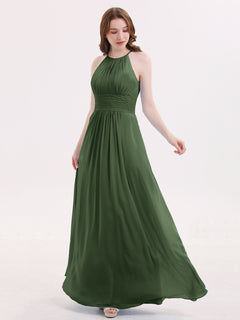 Halter Long Chiffon Dress with Pleated Waist-Olive Green