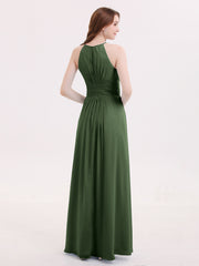 Halter Long Chiffon Dress with Pleated Waist-Olive Green Plus Size