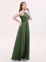 Halter Long Chiffon Dress with Pleated Waist-Olive Green Plus Size