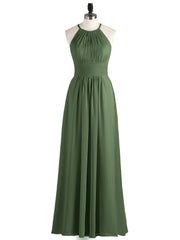 Halter Long Chiffon Dress with Pleated Waist-Olive Green