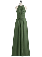 Halter Long Chiffon Dress with Pleated Waist-Olive Green Plus Size
