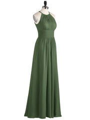 Halter Long Chiffon Dress with Pleated Waist-Olive Green Plus Size