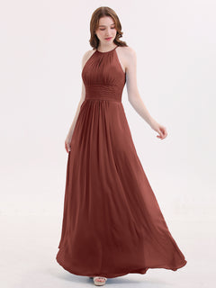 Halter Long Chiffon Dress with Pleated Waist-Terracotta