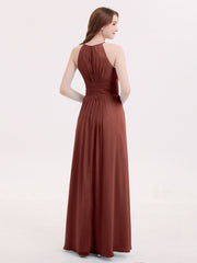 Halter Long Chiffon Dress with Pleated Waist-Terracotta