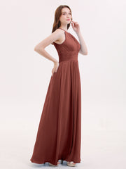 Halter Long Chiffon Dress with Pleated Waist-Terracotta