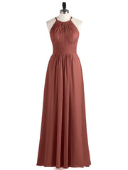 Halter Long Chiffon Dress with Pleated Waist-Terracotta