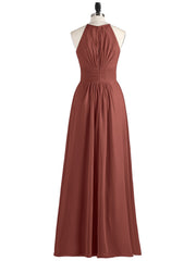 Halter Long Chiffon Dress with Pleated Waist-Terracotta Plus Size