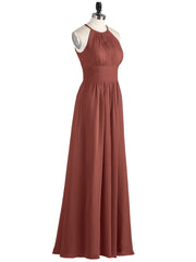 Halter Long Chiffon Dress with Pleated Waist-Terracotta