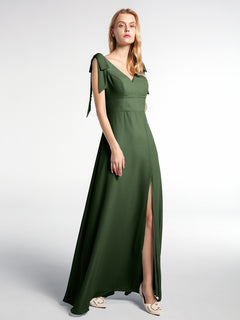 Bowed Flat Strap Chiffon Maxi with Front Slit-Olive Green