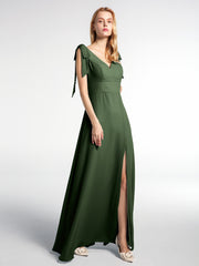 Bowed Flat Strap Chiffon Maxi with Front Slit-Olive Green Plus Size