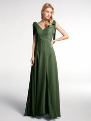 Bowed Flat Strap Chiffon Maxi with Front Slit-Olive Green