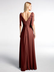 Bowed Flat Strap Chiffon Maxi with Front Slit-Terracotta
