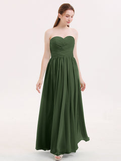 Strapless Cross-pleated Full Length Bridesmaid Gown-Olive Green