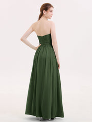 Strapless Cross-pleated Full Length Bridesmaid Gown-Olive Green