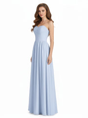 Strapless Cross-pleated Full Length Bridesmaid Gown-Sky Blue
