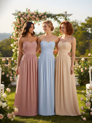 Strapless Cross-pleated Full Length Bridesmaid Gown-Sky Blue