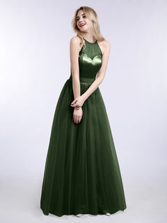 Illusion Neckline Long Tulle Dress-Olive Green Plus Size